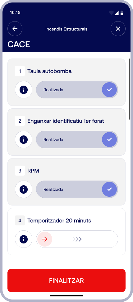 CACE sub-procedure within Structural Fires, with a back button to return to the main checklist and a Finish button to close the intervention