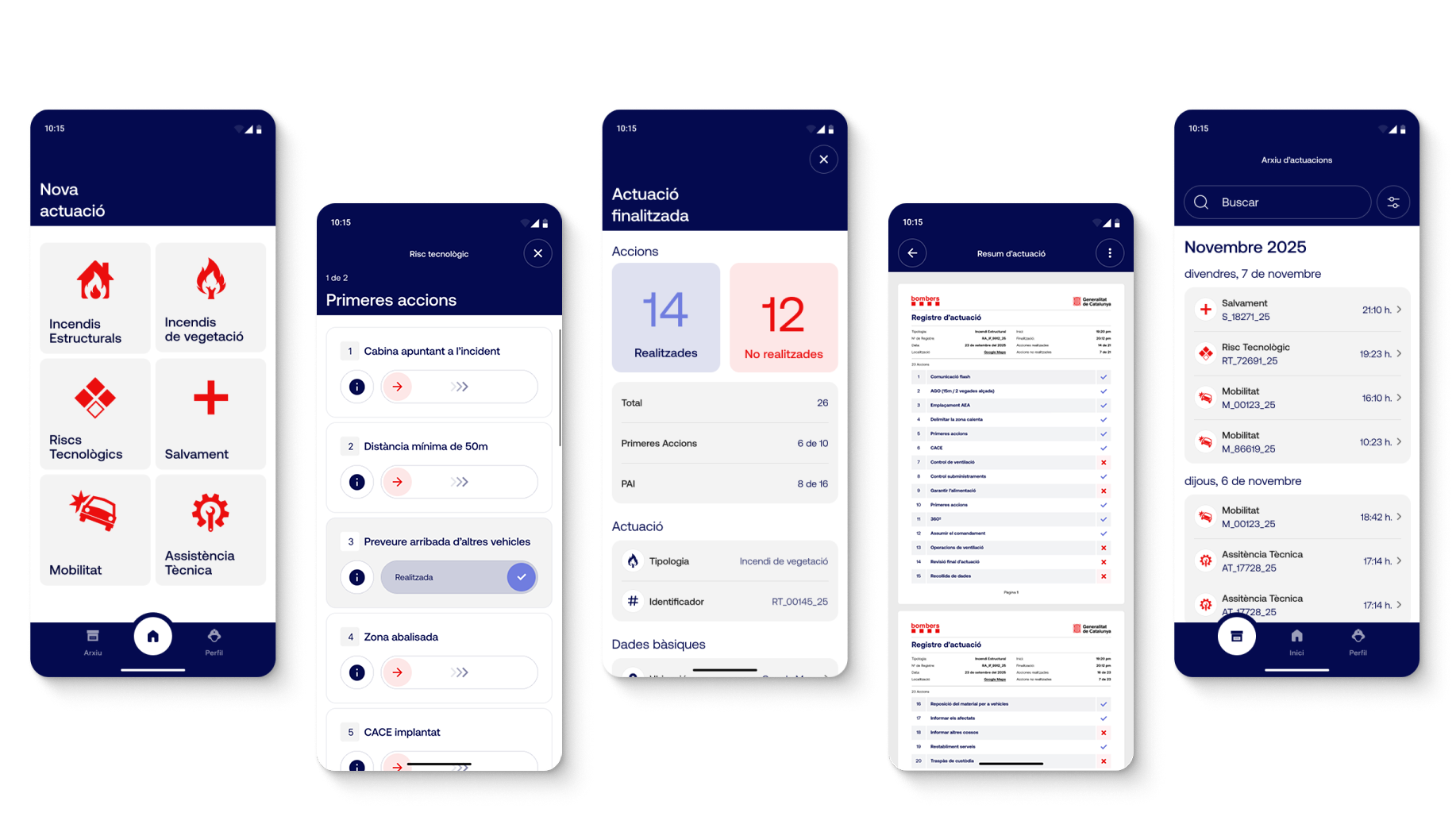 INT Control app shown on five smartphones: new intervention type selection, Technological Risk first-actions checklist, completed intervention summary, PDF report preview and interventions archive