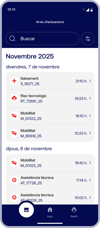 Interventions archive screen: past interventions grouped by date, each showing its type icon, name, reference code and time, with a search bar and filter button