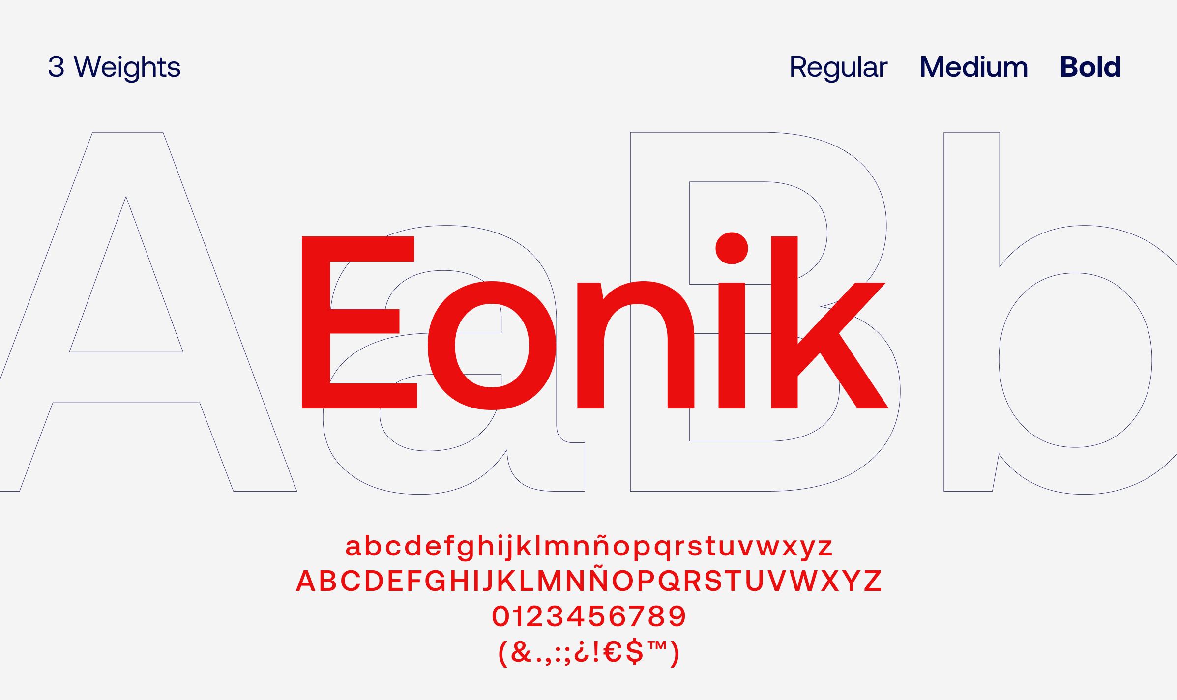 Eonik typeface specimen in three weights (Regular, Medium and Bold), with full alphabet, numerals and symbols
