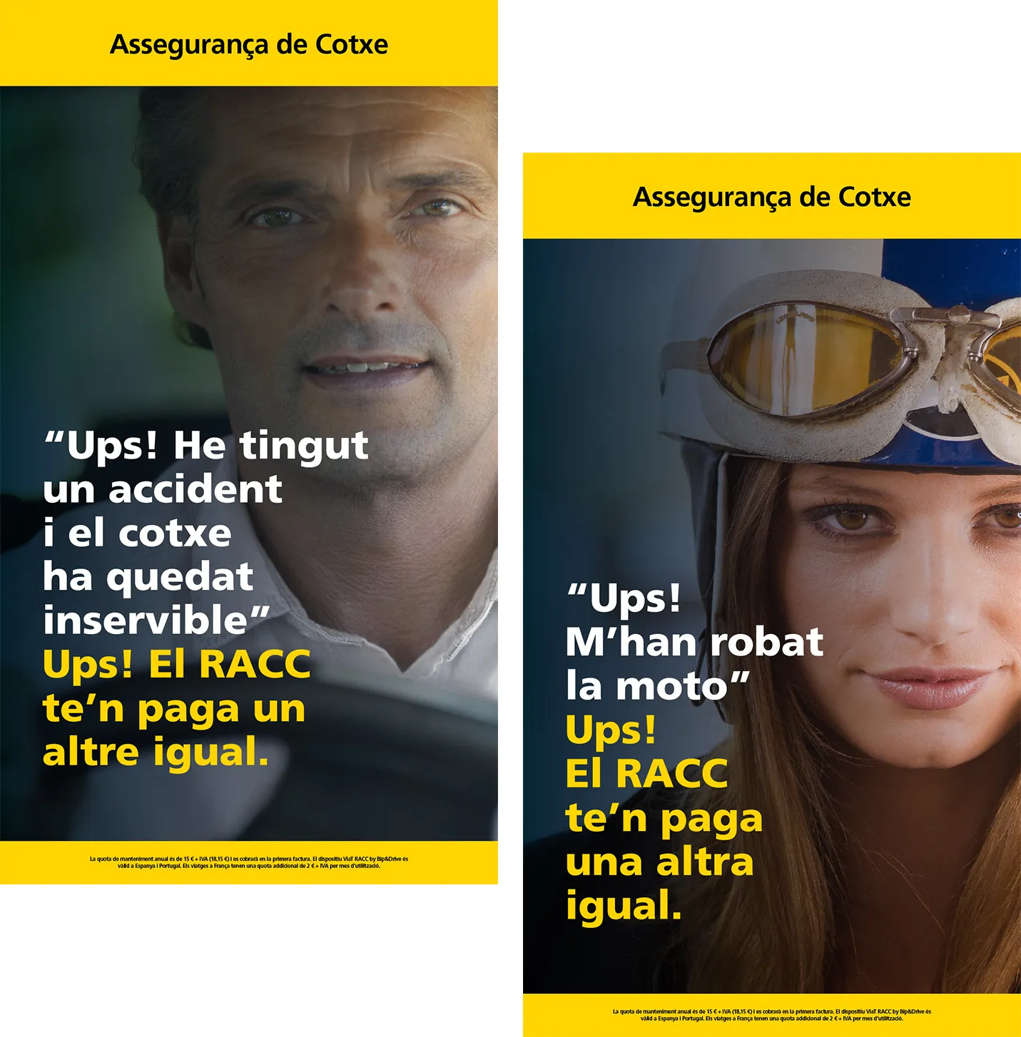 Two vertical RACC insurance screens with portrait photos and the slogan: 'Oops! RACC pays for another one', for a car accident and a stolen motorbike