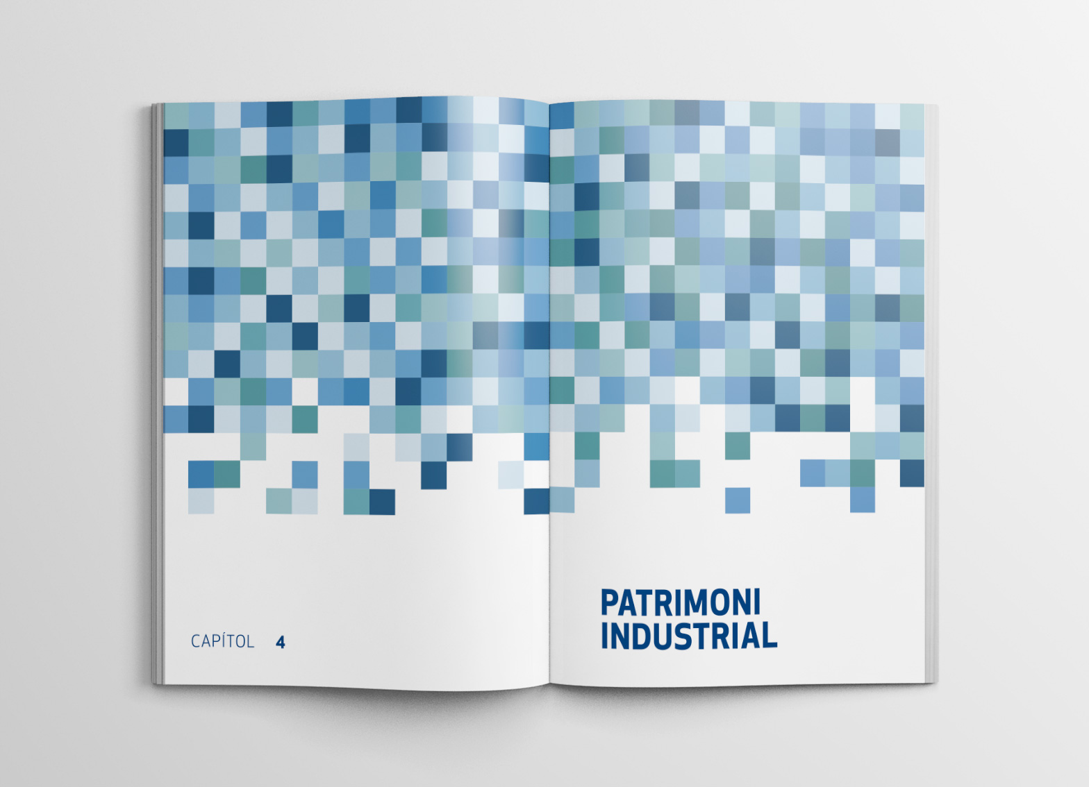 Opening page of chapter 4, 'Industrial Heritage', with a pixelated typographic composition in a blue gradient evoking a cascade of falling water.