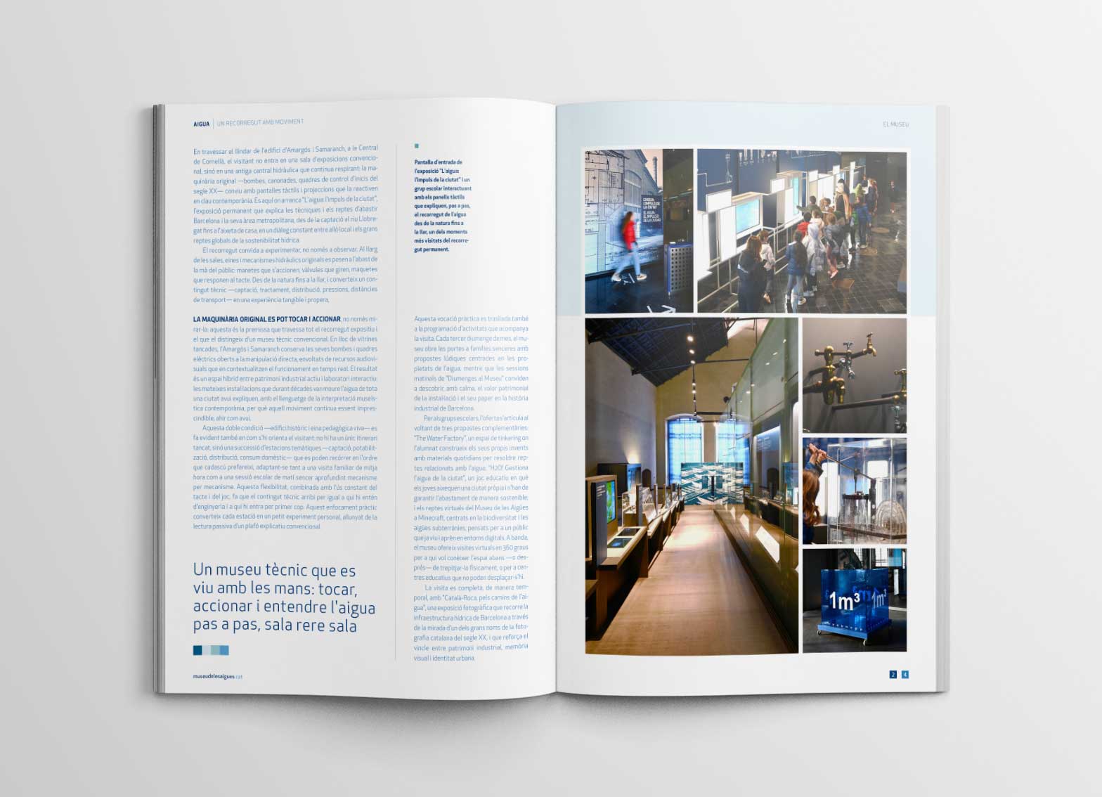 Double-page spread on the permanent exhibition: on the left, text about the interactive route through the Amargós i Samaranch building; on the right, photographs of the exhibition corridor and details of the tactile elements.