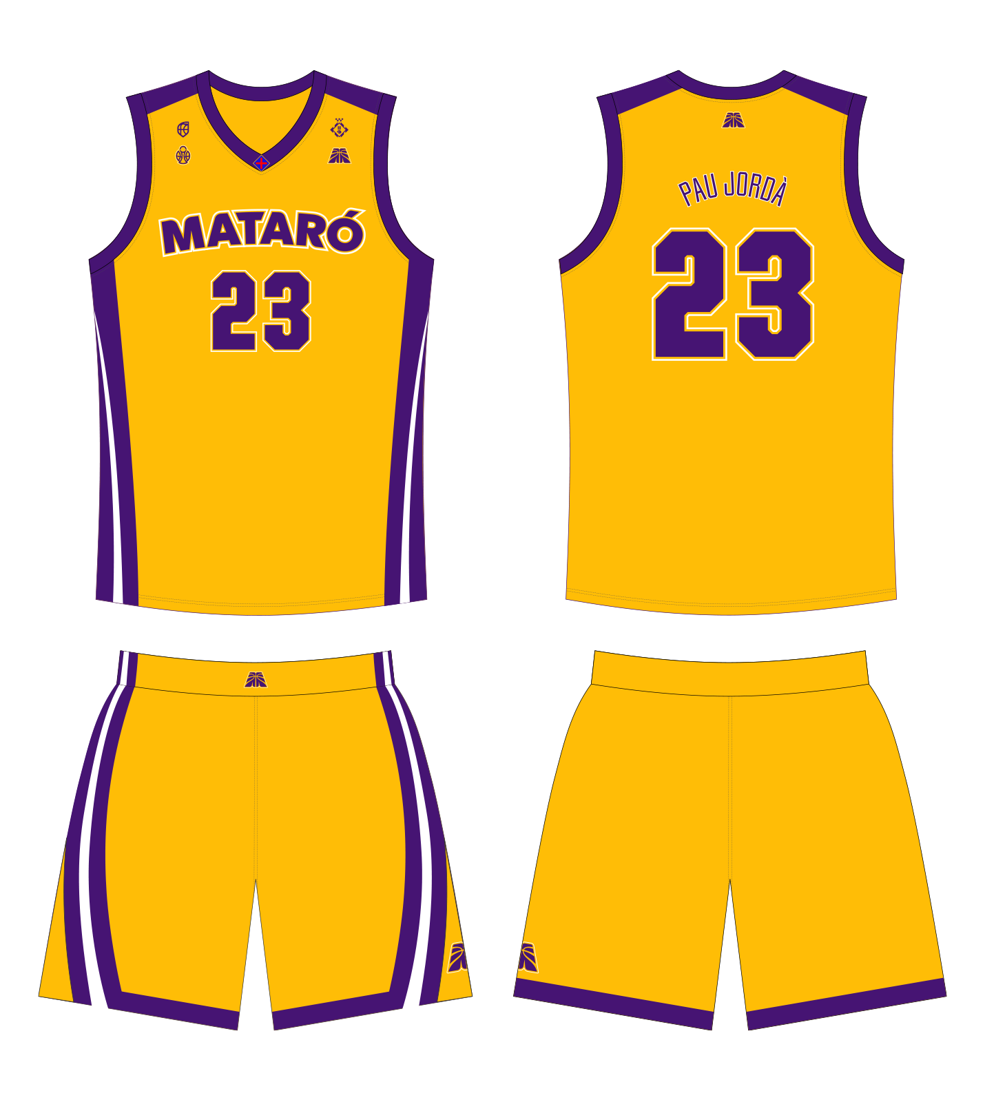 CB Mataró official match kit in yellow and purple, front and back view.