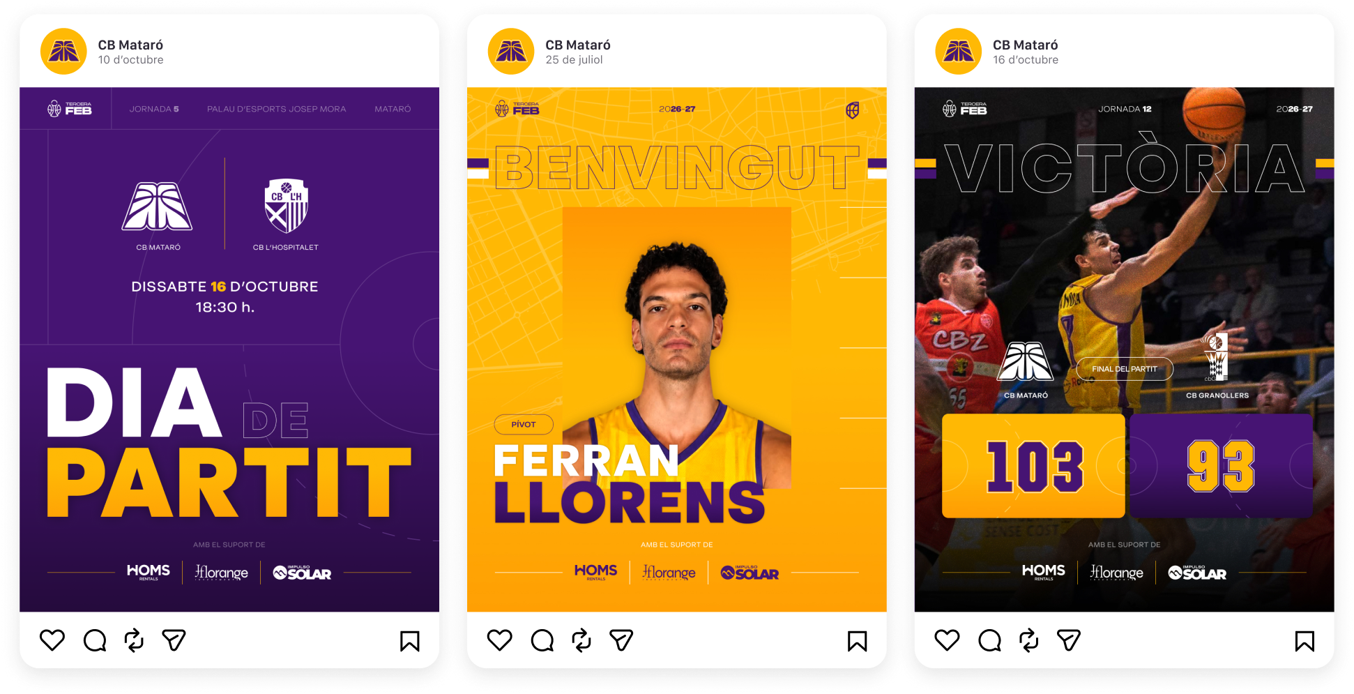 CB Mataró Instagram templates applying the new identity: match day announcement, final score and player welcome.