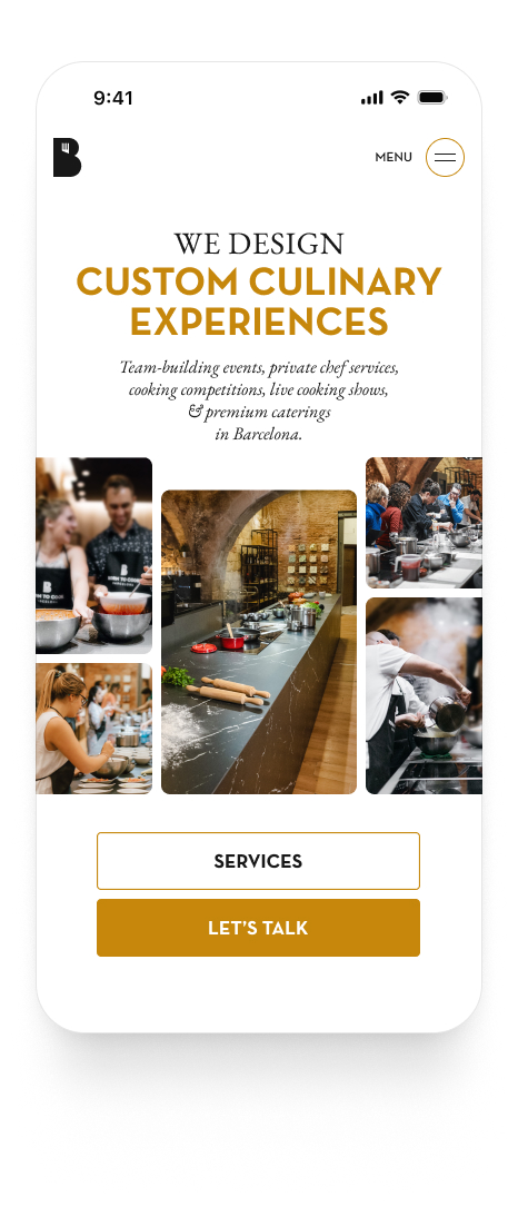 Mobile homepage of Born To Cook Barcelona, highlighting streamlined design, prominent booking button, and vibrant culinary content.