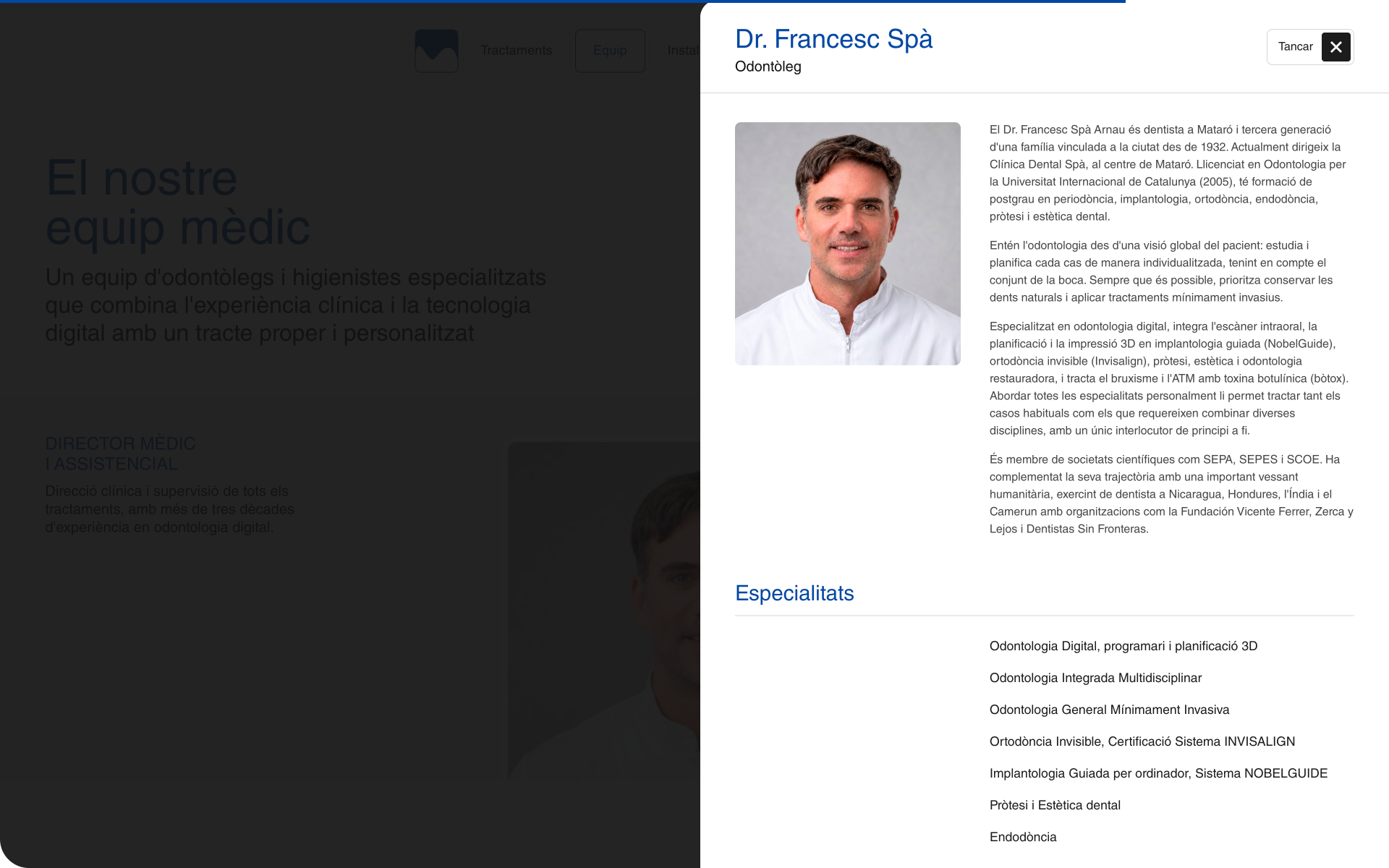 Doctor profile modal showing a dentist's biography, specialties and professional background.