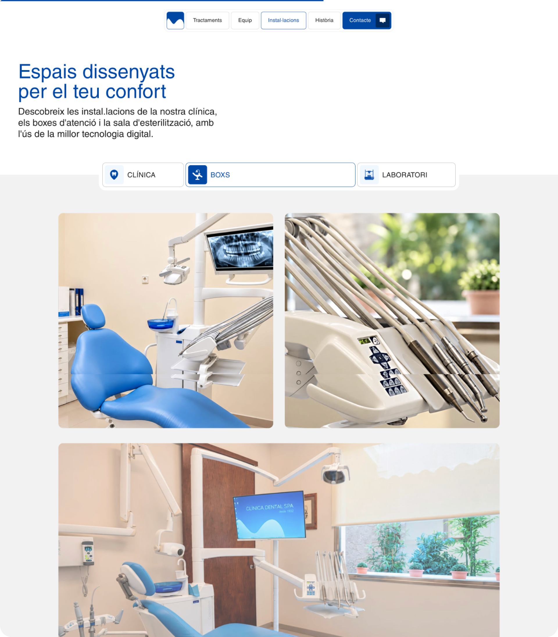 Facilities page on desktop, with the Boxes tab selected, showing the dental treatment room equipment.