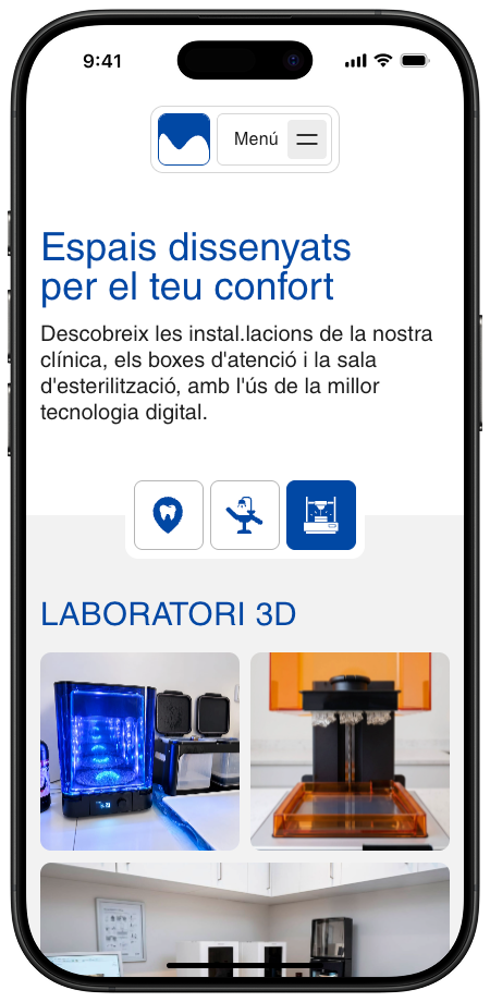 Facilities page on mobile, with the 3D Laboratory tab selected, showing the lab equipment.