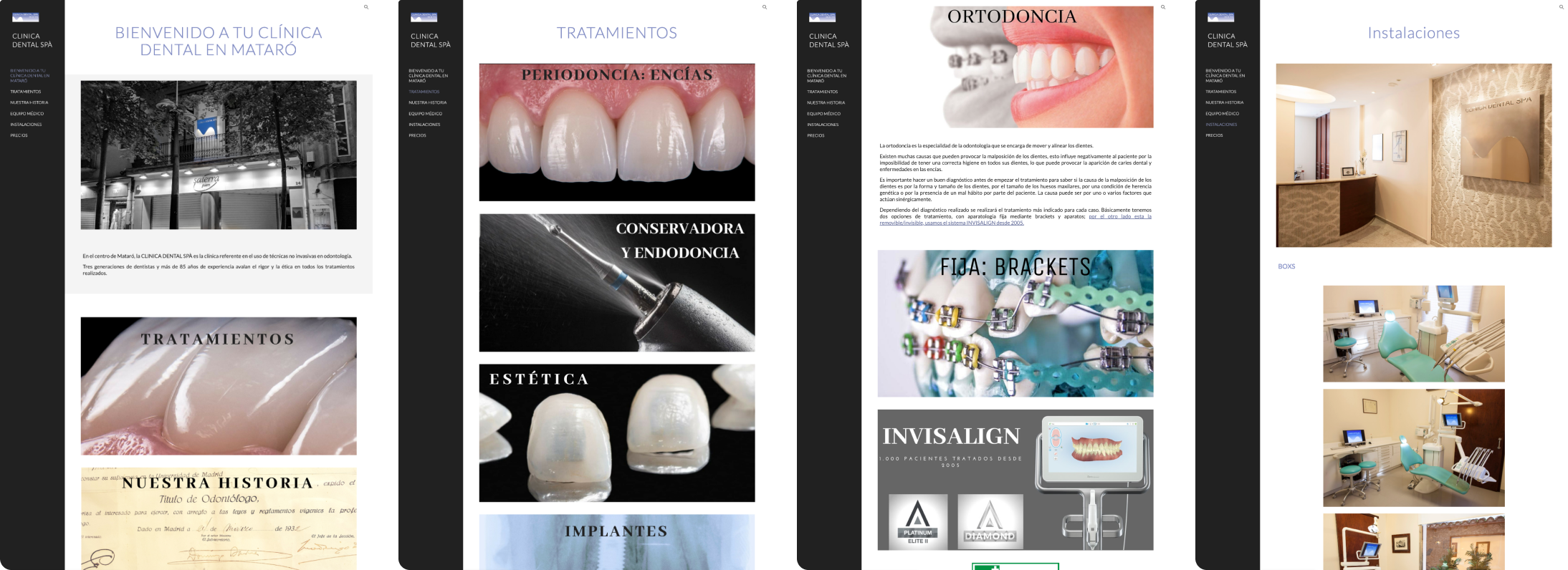 Four screenshots of Clínica Dental SPA's previous WordPress website — the homepage, treatments listing, orthodontics subpage and facilities page — each relying on generic stock photography, dark text overlays and a layout unrelated to the clinic's brand.