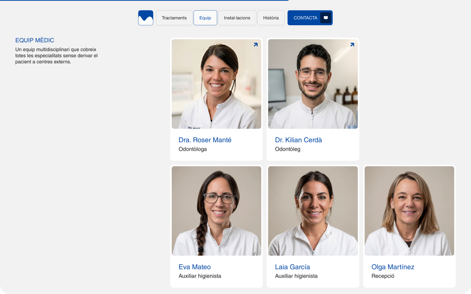 Medical team page listing the clinic's dentists, hygienists and reception staff with their roles.