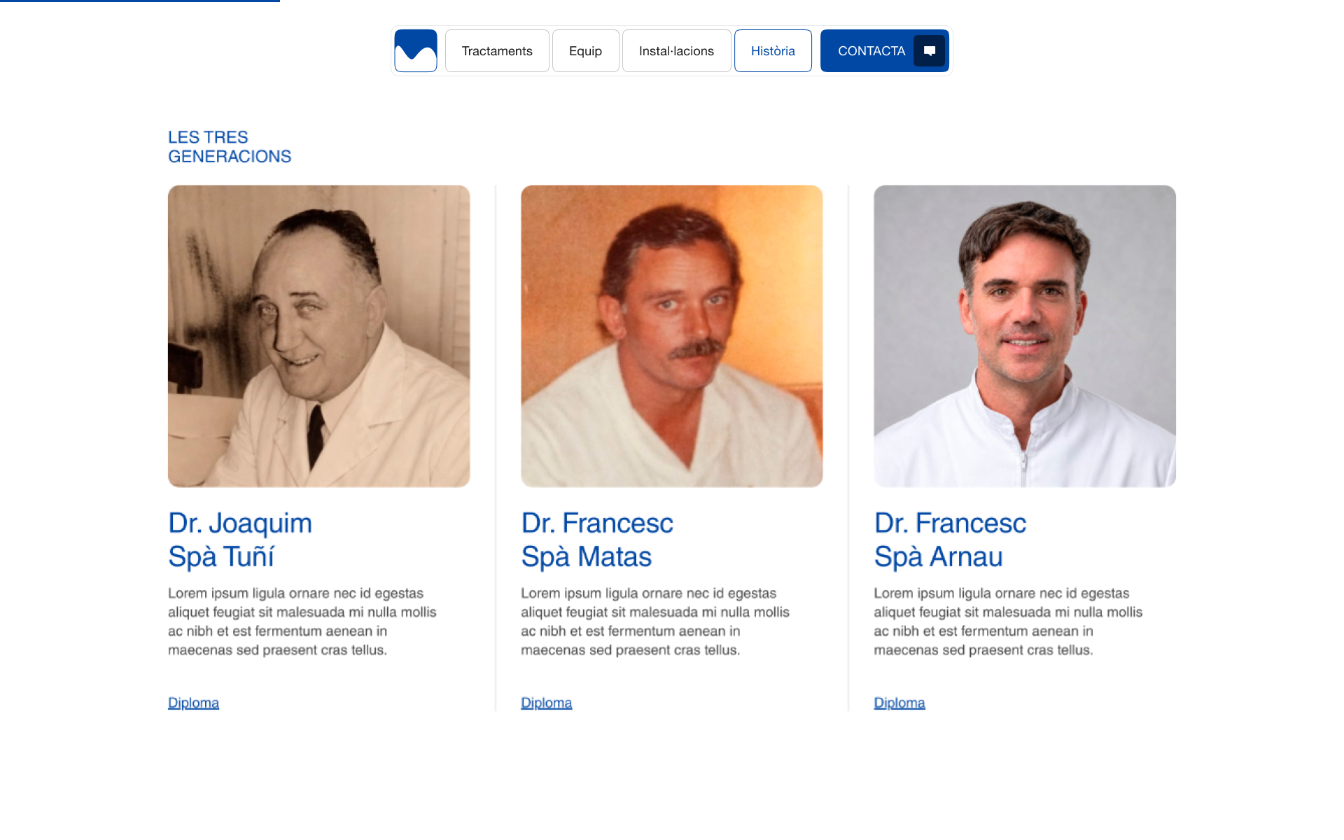 Three generations of the Spà family of dentists — Dr. Joaquim Spà Tuñí, Dr. Francesc Spà Matas and Dr. Francesc Spà Arnau — each with their biography and diploma.
