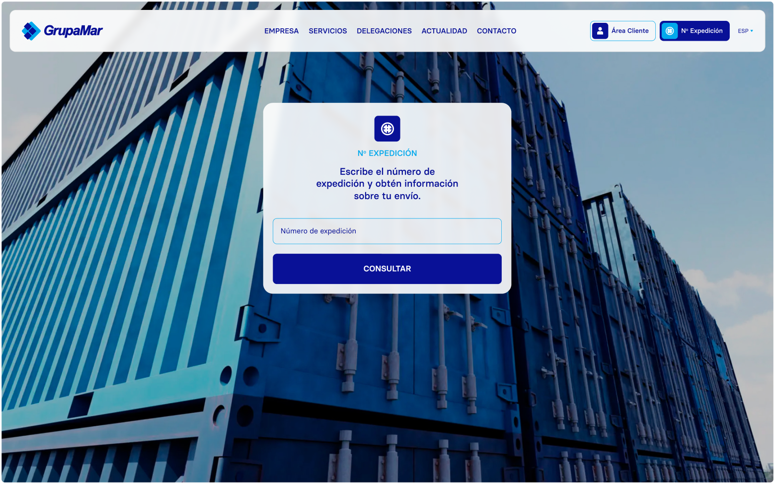 Real-time shipment tracking interface using expedition number, part of GrupaMar’s digital logistics tools