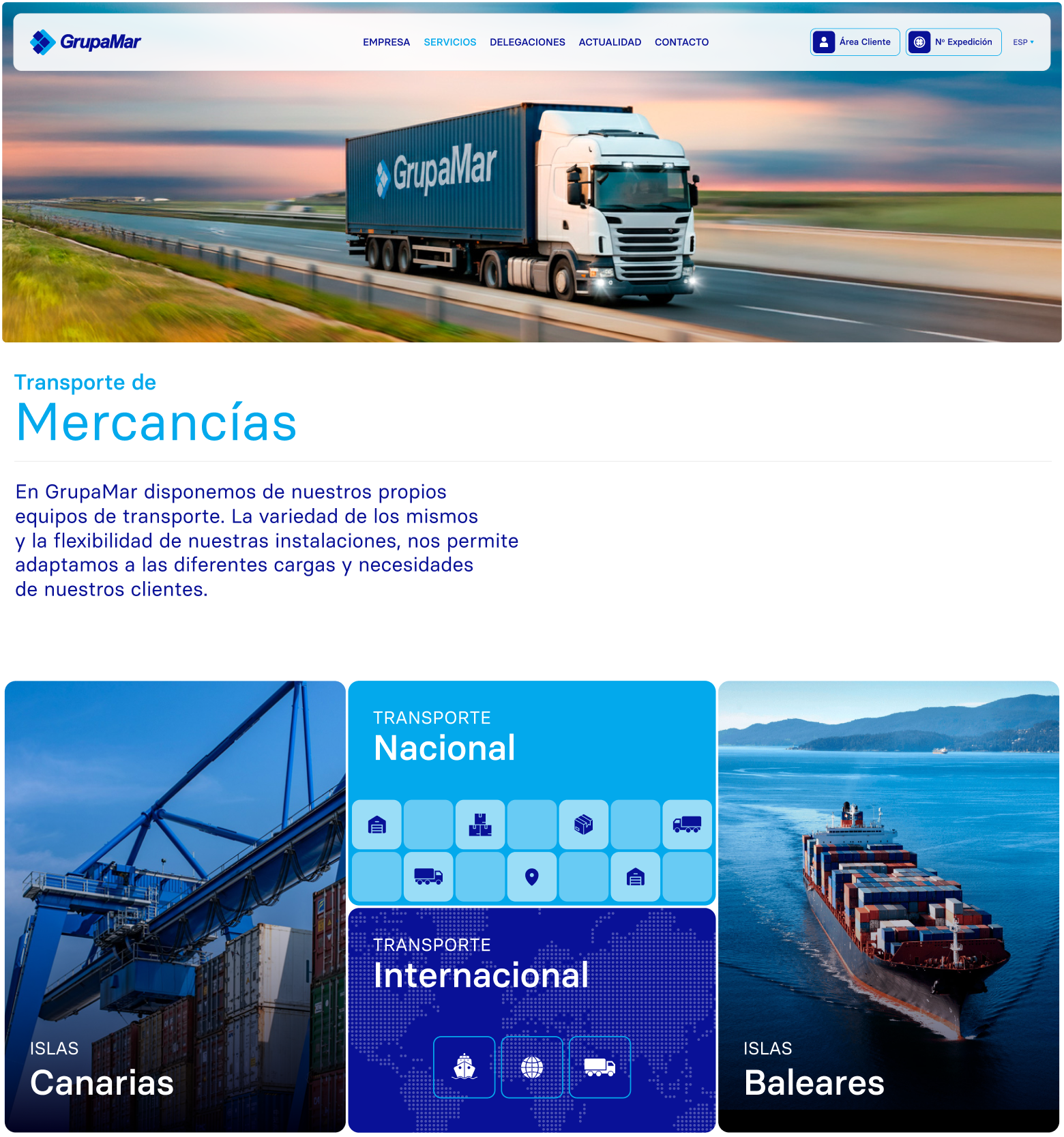 Mobile view of GrupaMar’s delegation pages showing location, contact info and real facility images