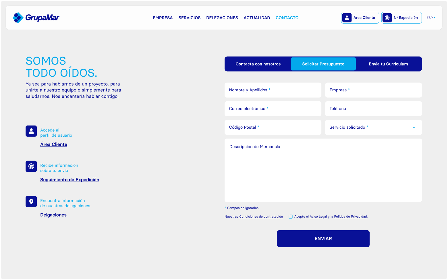 Contact section of GrupaMar’s website with its forms