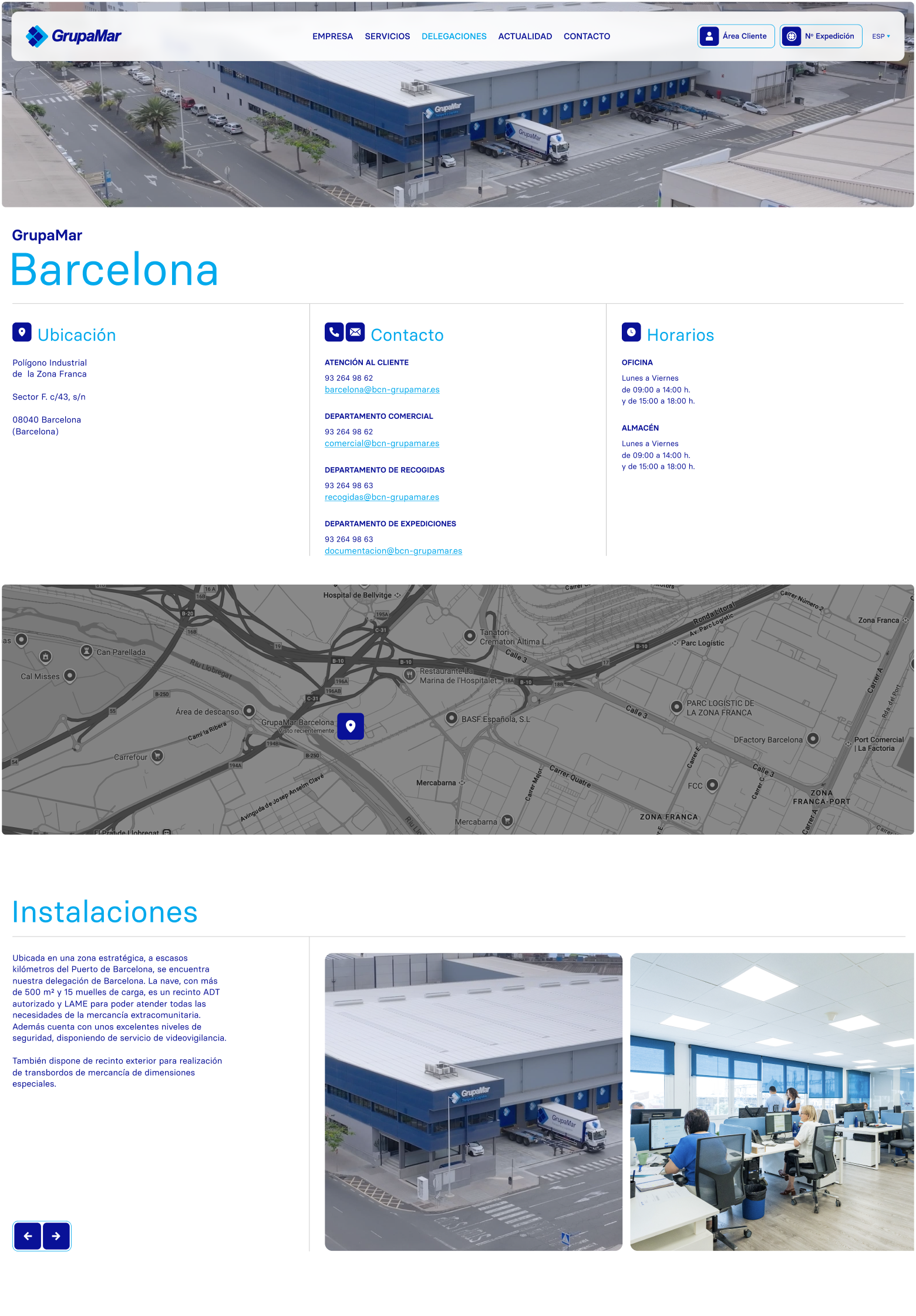 Delegation page for GrupaMar’s central office with address, contact details, opening hours and facility photos