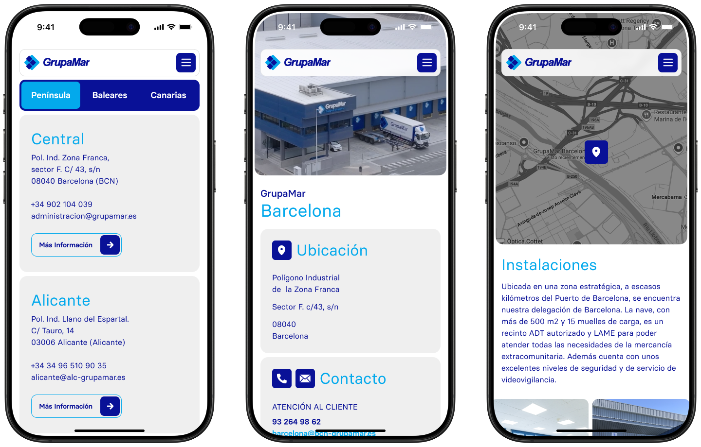 Mobile view of GrupaMar’s delegation pages showing location, contact info and real facility images