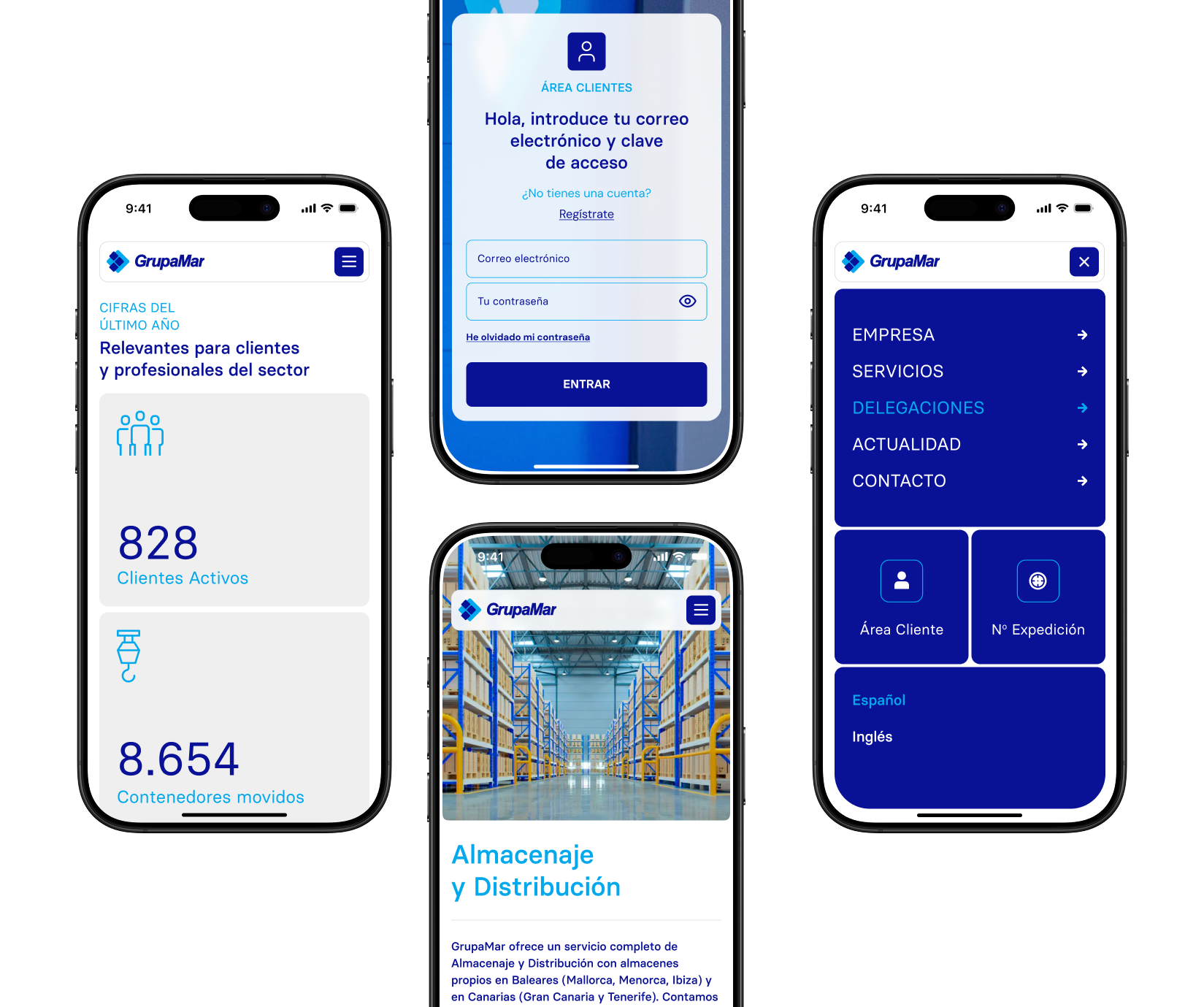 Mobile screens of GrupaMar’s redesigned website showing responsive layout and key user flows